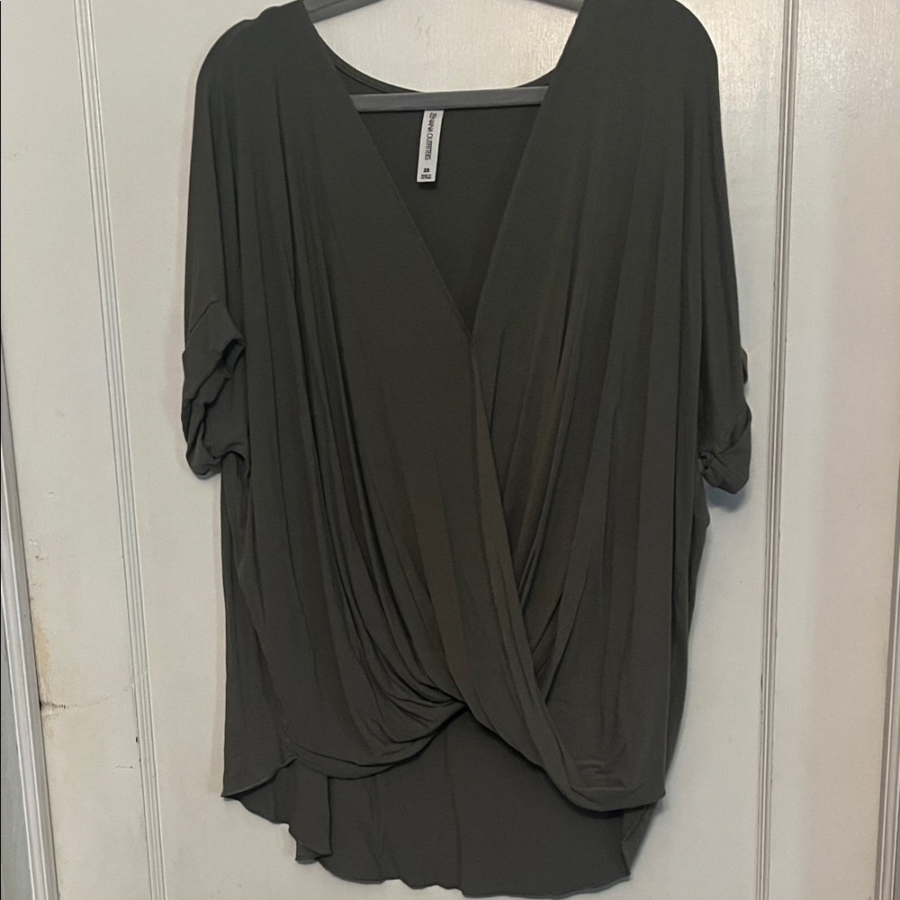 Zenana Outfitters Olive Draped Twist-Front V-Neck Blouse
